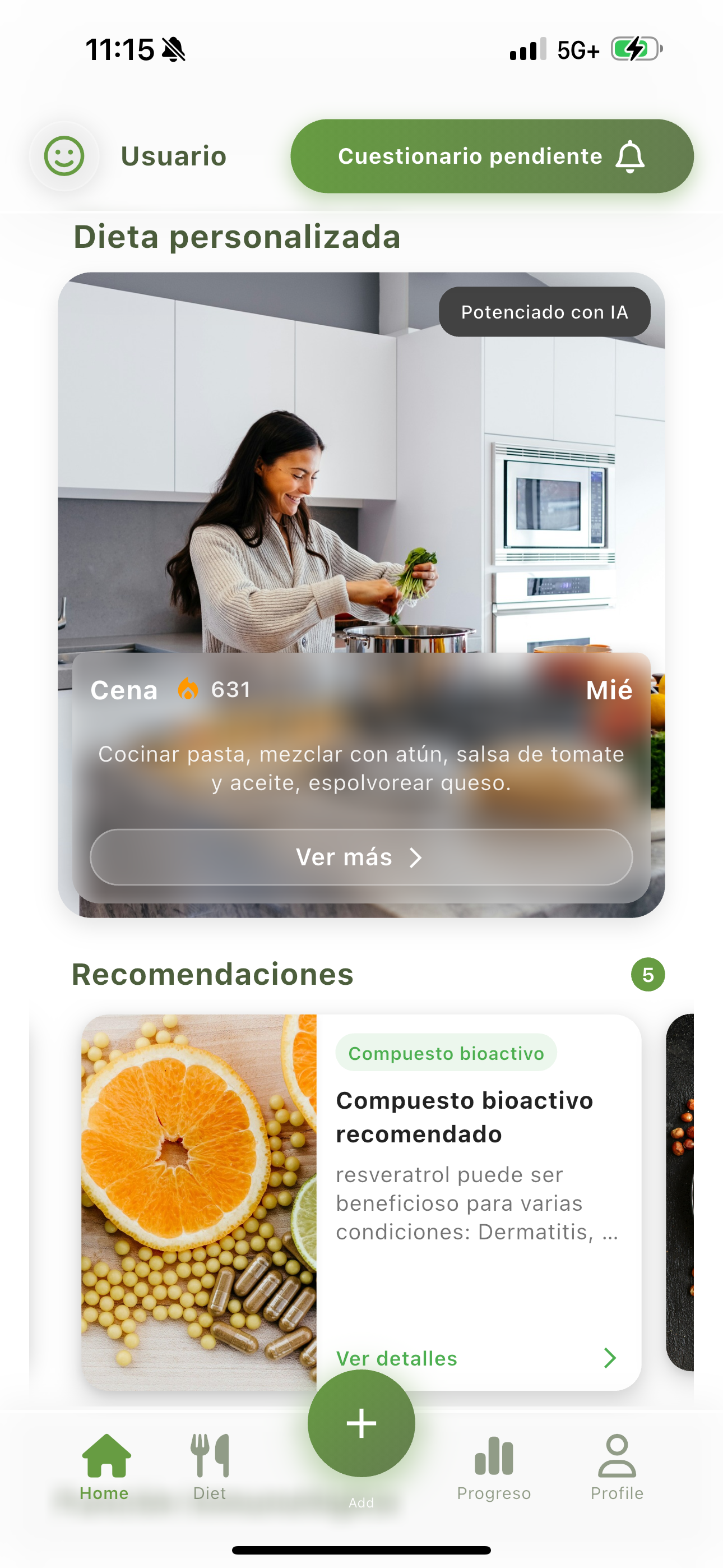 Xenify App - Interfaz de la aplicación móvil mostrando dietas personalizadas con IA